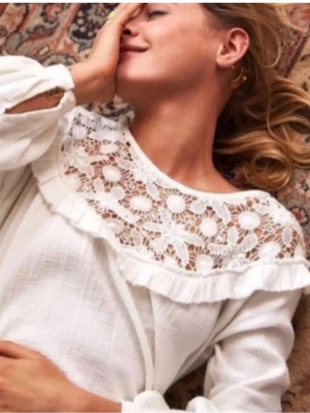 Sézane White Lace Ruffle Blouse Size 6 Boho Romantic Cotton Long Sleeve Top